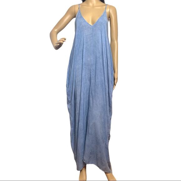 Elan Maxi Dress Womens Large Vneck Sleeveless Spaghetti Strap Washed Blue Pocket - Picture 1 of 10